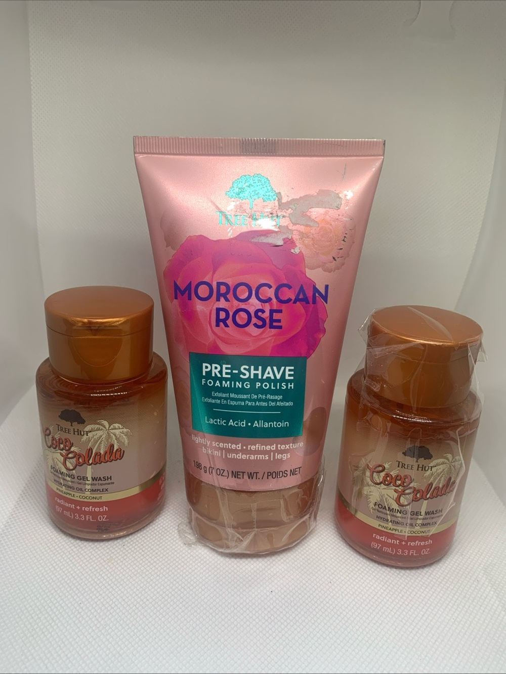 Tree Hut Moroccan Rose Pre-Shave Foaming Polish and 2 mini Coco Colada body wash
